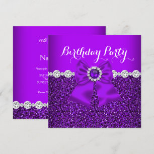 Convite Elegante Brilho Roxo Pérolas Diamantes Laço Aniver