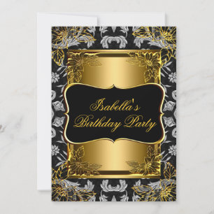 Convite Elegante Brocado Damasco Preto Dourado Festa de An