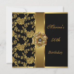 Convite Elegante Brocado Floral Preto Dourado 50º Aniversá