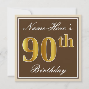 Convite Elegante, Brown, Faux Dourada 90 Birthday + Nome
