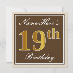 Convite Elegante, Brown, Faux Dourado 19. Aniversário + N