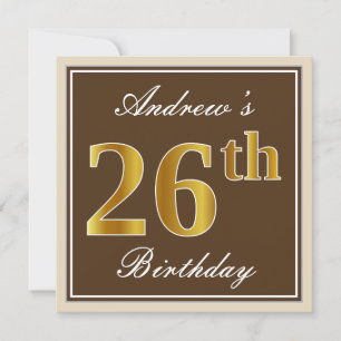 Convite Elegante, Brown, Faux Dourado 26º Aniversário + 
