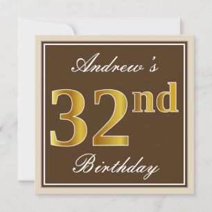 Convite Elegante, Brown, Faux Dourado 32º Aniversário + 