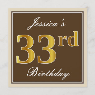 Convite Elegante, Brown, Faux Dourado 33º Aniversário +