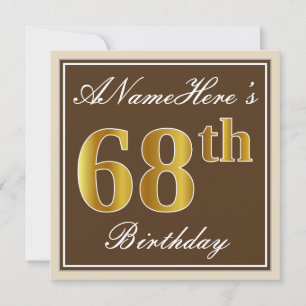 Convite Elegante, Brown, Faux Dourado 68. Aniversário + N