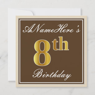 Convite Elegante, Brown, Faux Dourado 8. Aniversário + No