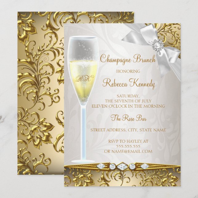 Convite Elegante Brunch de Champanhe Bege Branco Dourado (Frente/Verso)