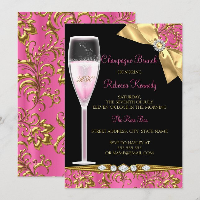 Convite Elegante Brunch de Champanhe Rosa Preto Dourado Da (Frente/Verso)