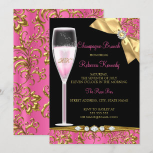 Convite Elegante Brunch de Champanhe Rosa Preto Dourado Da