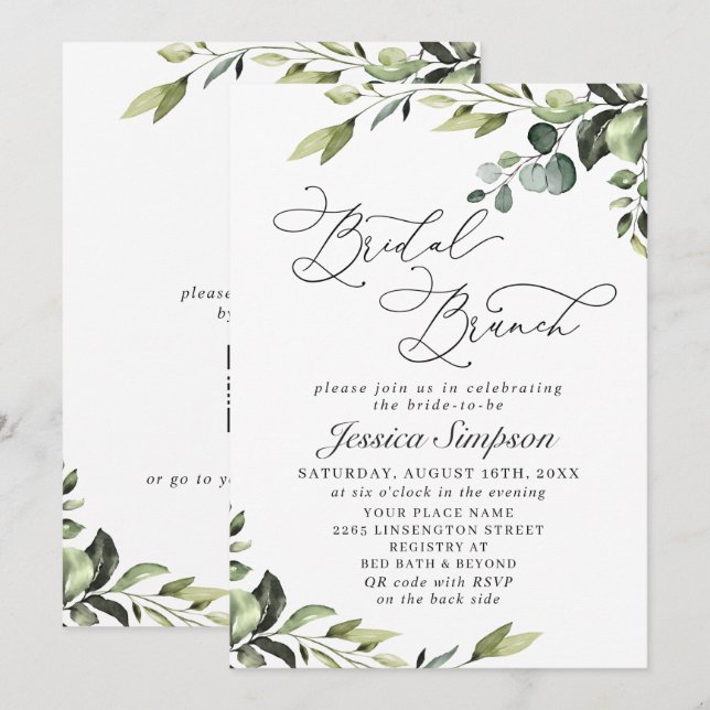Convite Elegante Brunch de Noiva com Aquarela de Eucalipto (Frente/Verso)