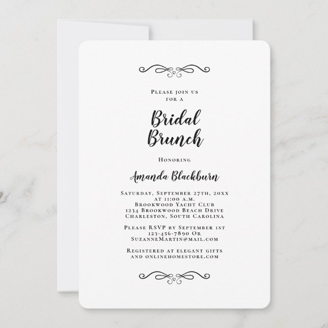 Convite Elegante Brunch de Noiva com Caligrafia Preta (Frente)