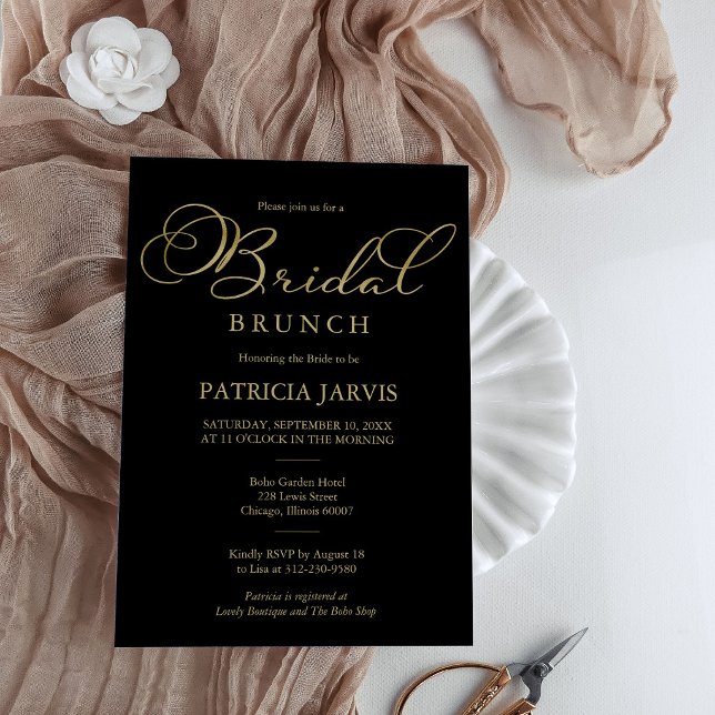 Convite Elegante Brunch de Noiva em Preto e Dourado (Criador carregado)