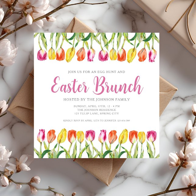 Convite Elegante Brunch de Páscoa com Tulipas Florais Rosa (Elegant Pink Floral Tulip Easter Brunch Invitation)