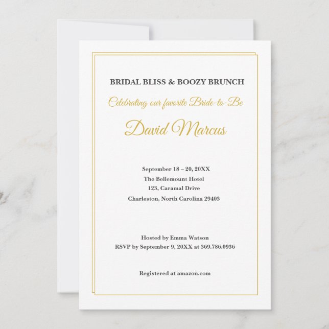 Convite Elegante Brunch de Solteira em Dourado e Preto (Frente)