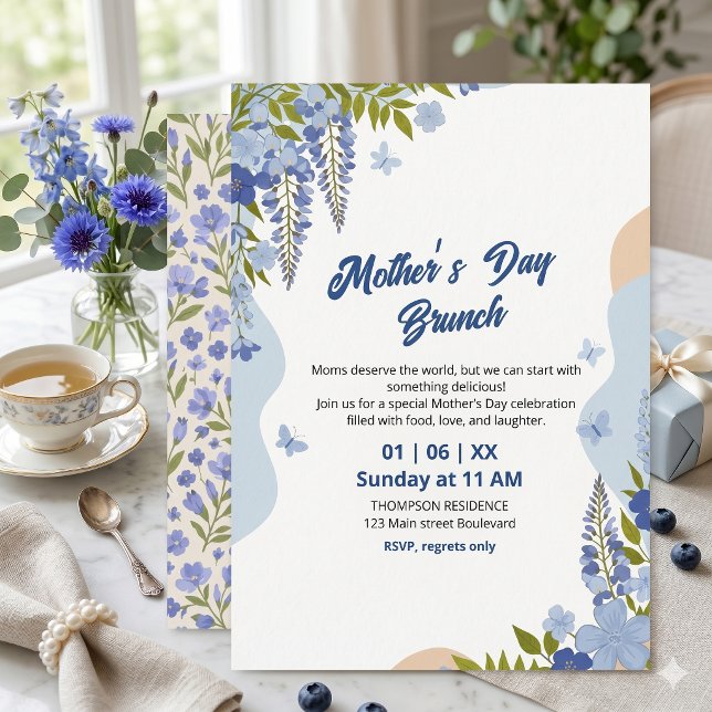 Convite Elegante Brunch do Dia das Mães com Flor de Wister (Criador carregado)