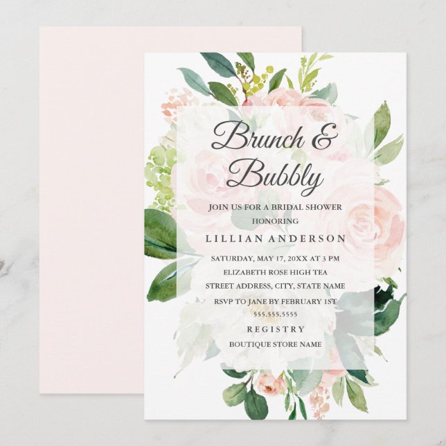Convite Elegante Brunch e Bubbly com Flor de Pêssego Macio (Frente/Verso)