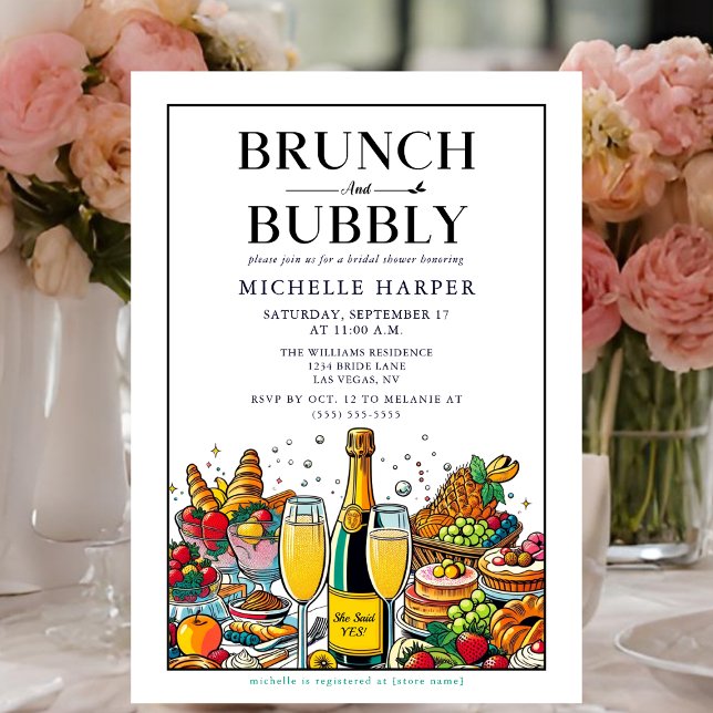 Convite Elegante Brunch e Chá de panela Bubble (Brunch and Bubbly Bridal Shower Invitation.)