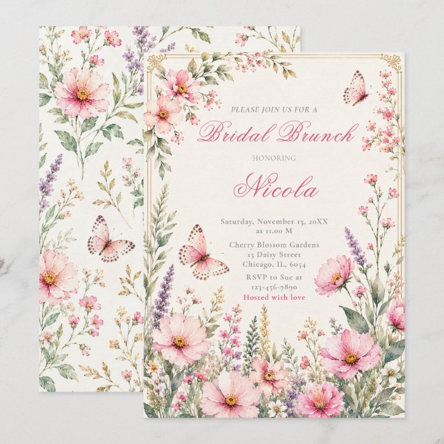 Convite Elegante Brunch Floral de Borboleta (Frente/Verso)
