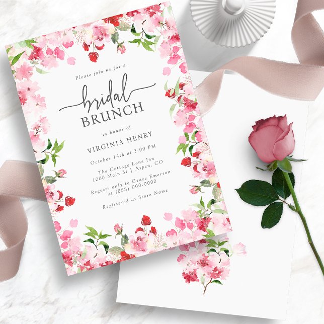 Convite Elegante Brunch Floral para Noivas (Elegant Red and Pink Bridal Brunch Invitation - Watercolor Red and Pink Floral)