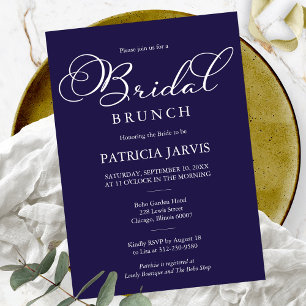 Convite Elegante Brunch Nupcial Azul Marinho Branco Script