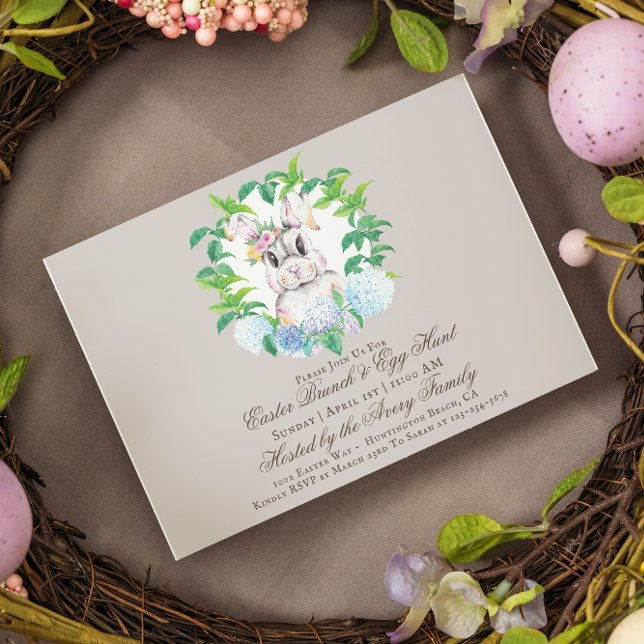 Convite Elegante Bunny Floral Wreath Brunch & Egg Hunt (Criador carregado)