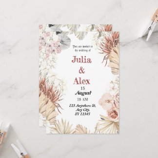 Convite Elegante Buquê Boho de Aquarela Tropical Bege