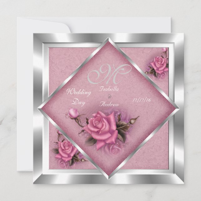 Convite Elegante Buquê de Noiva Rosa Pink Prata (Frente)