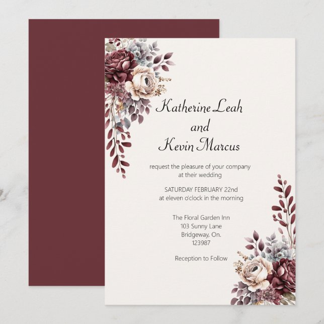 Convite Elegante Burgandy Floral (Frente/Verso)