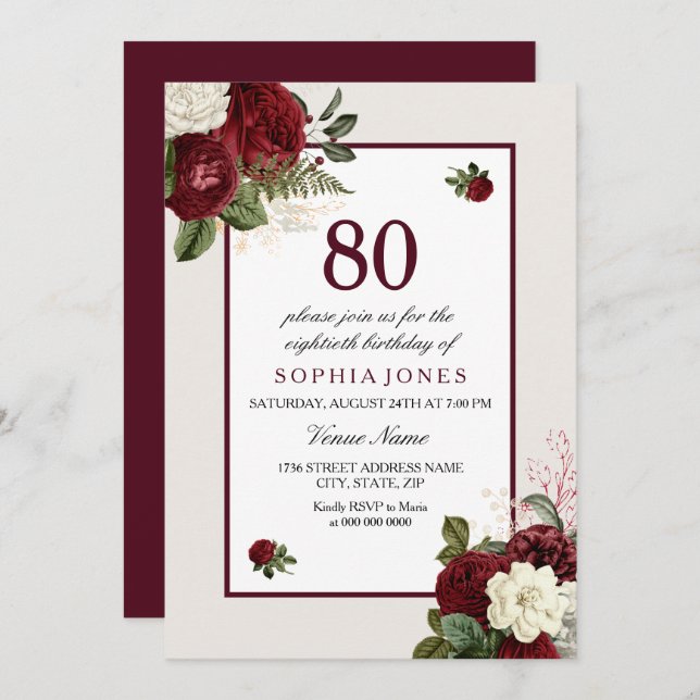 Convite Elegante Burgundy 80 Floral (Frente/Verso)