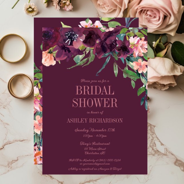 Convite Elegante Burgundy Blush - Chá de panela Floral Ros (Burgundy Blush Floral Fall Bridal Shower Invitation)