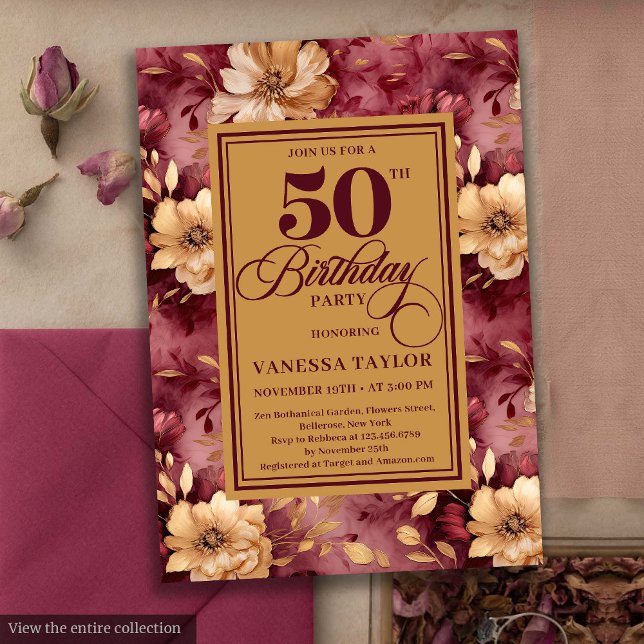 Convite Elegante burgundy blush gold rosa 50º aniversário (Elegant burgundy blush gold roses 50th birthday invite

)
