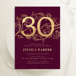 Convite Elegante Burgundy Dourada aniversário de 30 anos<br><div class="desc">Elegante convite de festas de aniversário de 30 anos de ouro de marrom. Design de vinho de marsala tinto escuro, personalizável, com acentos botânicos rosas e letra tipografia. Simples cartão de convite floral perfeito para uma comemoração de um na moda. Personalize com seus próprios detalhes. Impressos convites Zazzle ou modelo...</div>