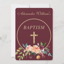 Convite Elegante Burgundy Dourada Floral Baby Christening