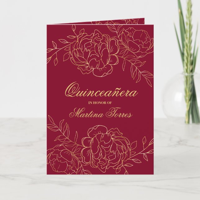 Convite Elegante Burgundy Dourada Quinceanera Floral (Frente)