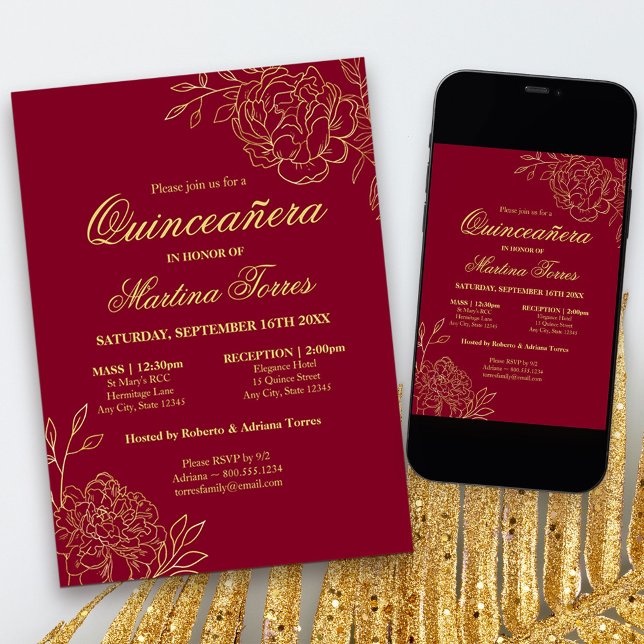 Convite Elegante Burgundy Dourada Sketch Floral Quinceaner (Red and Gold Quinceanera Invitation with church ceremony, from my Gold Sketched Floral collection
)