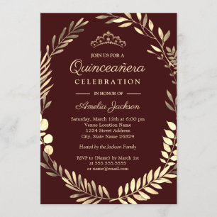 Convite Elegante Burgundy Dourada Wreath Quinceanera