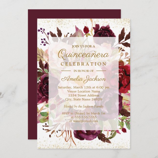 Convite Elegante Burgundy Dourado Bloom Quinceanera Aniver (Frente/Verso)