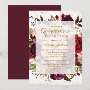 Convite Elegante Burgundy Dourado Flor Quinceanera Anivers
