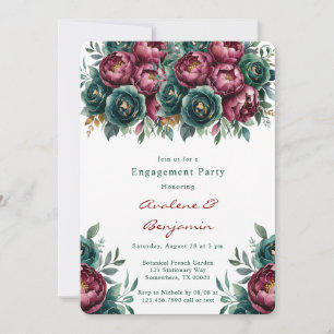 Convite Elegante Burgundy Emerald Peony Festa de noivado
