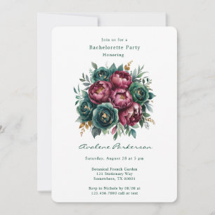 Convite Elegante Burgundy Emerald Peony Festa de solteira