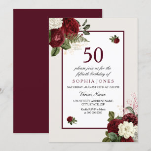 Convite Elegante Burgundy Floral 50ª Festa de aniversário
