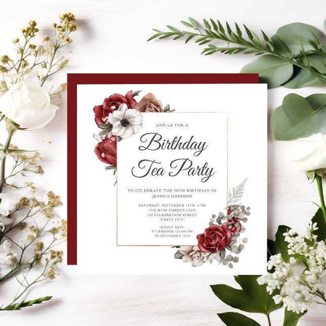 Convite Elegante Burgundy Floral 50º aniversário do Tea Pa (Floral Red Rose Gold Birthday Tea Party Invitation)