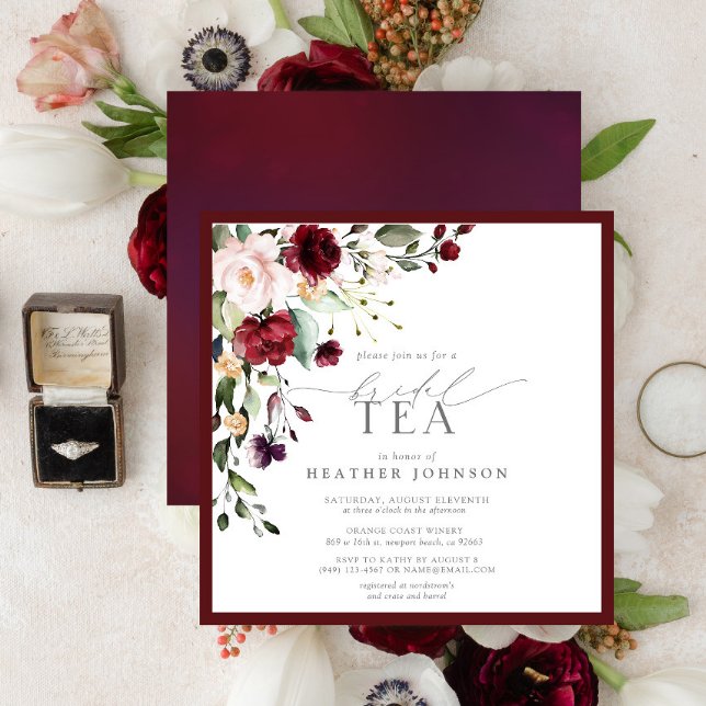Convite Elegante Burgundy Floral Bridal Tea Chá (Criador carregado)