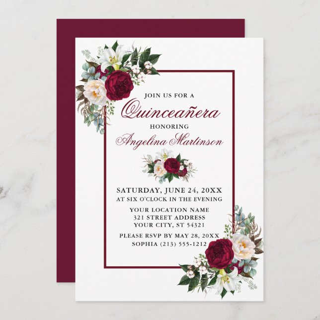 Convite Elegante Burgundy Floral Greenery Quinceanera (Frente/Verso)