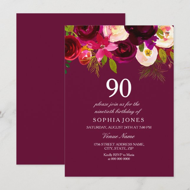 Convite Elegante Burgundy Flowers 90 Birthday Invite (Frente/Verso)