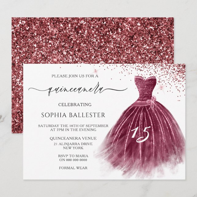 Convite Elegante Burgundy Glitter Gown Quinceanera (Frente/Verso)
