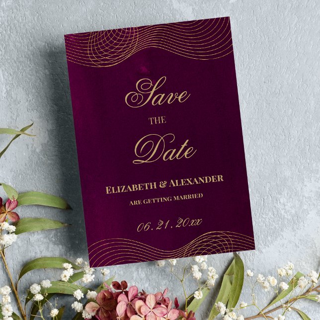Convite Elegante burgundy gold geométrico Salvar a Data (Elegant burgundy gold geometric Save the Date )