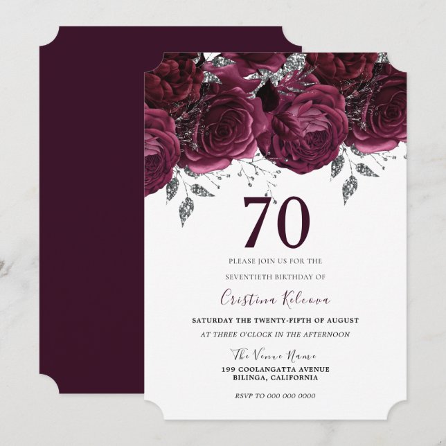 Convite Elegante Burgundy Maroon 70 Floral (Frente/Verso)