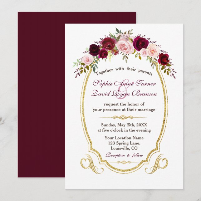 Convite Elegante Burgundy Marsala Casamento outono Floral (Frente/Verso)