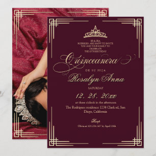 Convite Elegante Burgundy Princesa Quinceañera